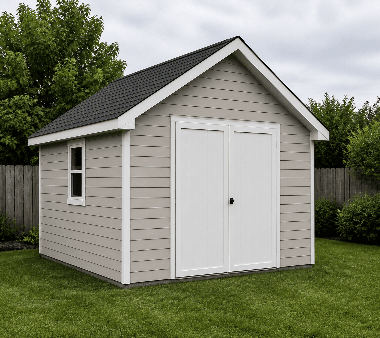 Three-quarter front preview of a 10 by 12 gable shed with centered white double doors, one left side window, greige lap siding, and dark charcoal shingles