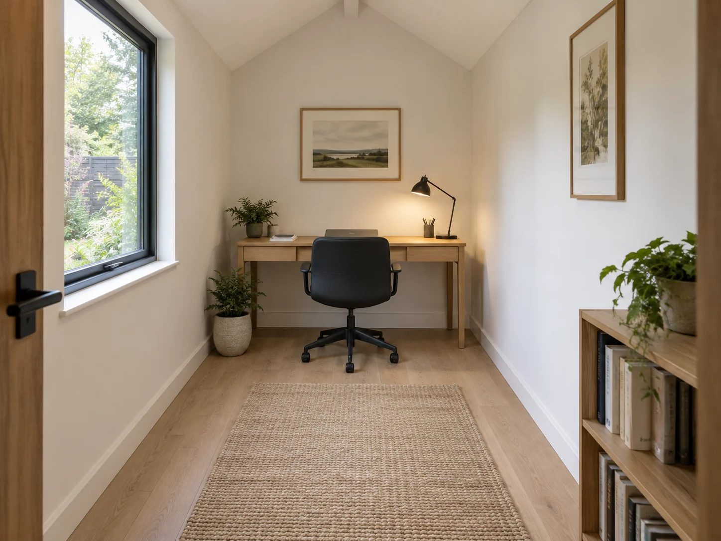 AI office concept with side daylight and a desk lamp; brightness is illustrative
