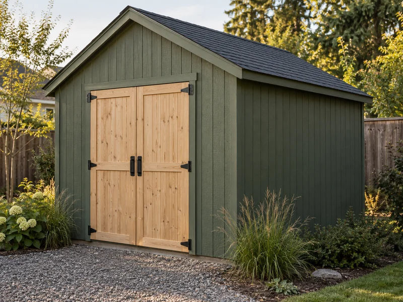 Concept finish: sage siding and timber double doors on a gable storage shed.