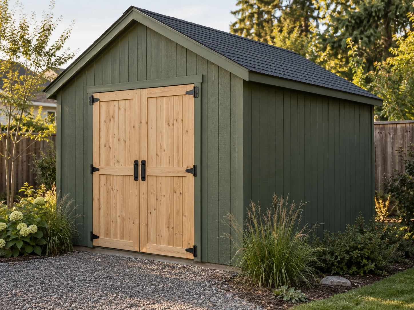 Concept finish showing painted green cladding and natural timber doors