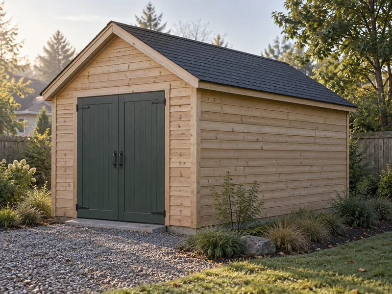 Concept finish: timber-clad storage and hand-work shed with dark double doors.