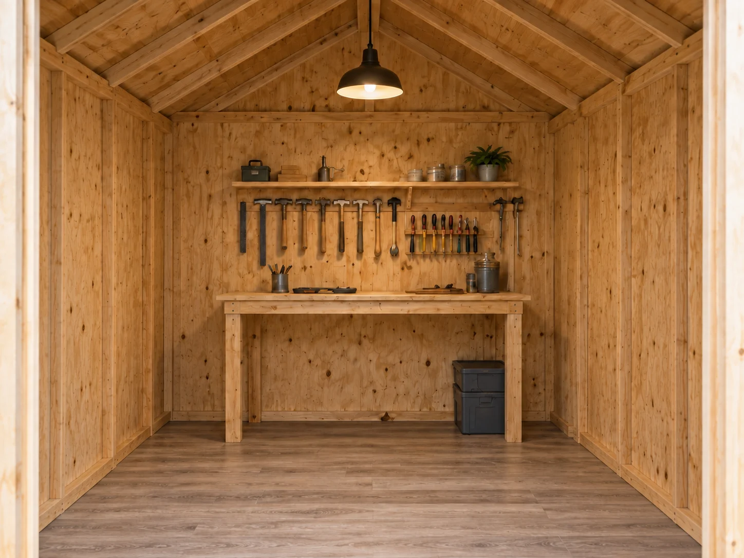 Concept interior with a rear hand-work bench and an open central floor