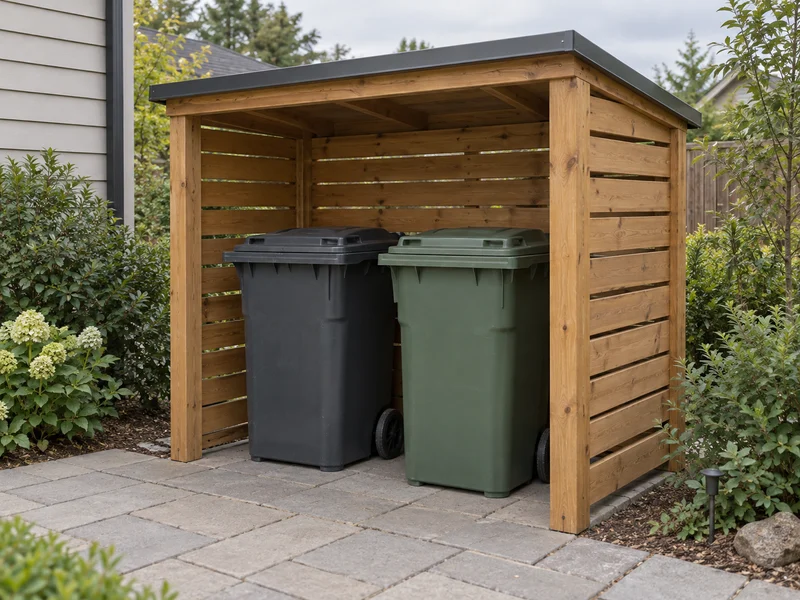 AI concept: Two closed wheeled bins inside an open-front timber shelter.