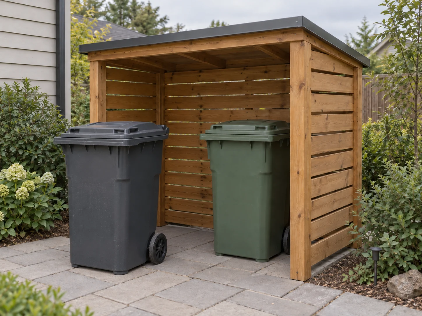 AI concept of one charcoal bin outside a timber shelter while the green bin stays parked