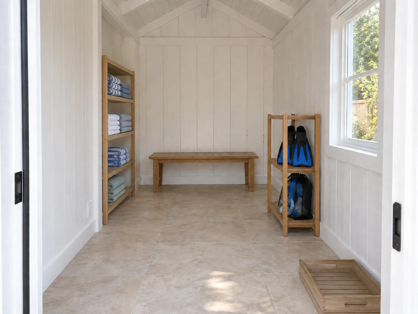 AI concept of rear towel storage and a bench with a front-right return spot